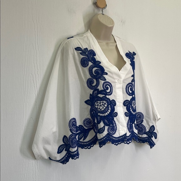 Zara - Blue Embroidered Floral White Button Down Batwing Blouse Size XS - Picture 3 of 12